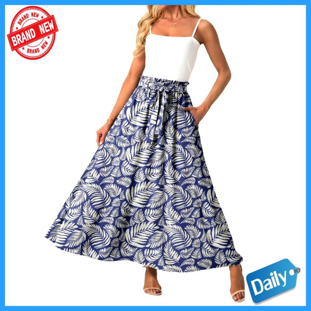Flowy Maxi Skirt High Waisted Paper Bag Tie Waist Pockets Casual Summer